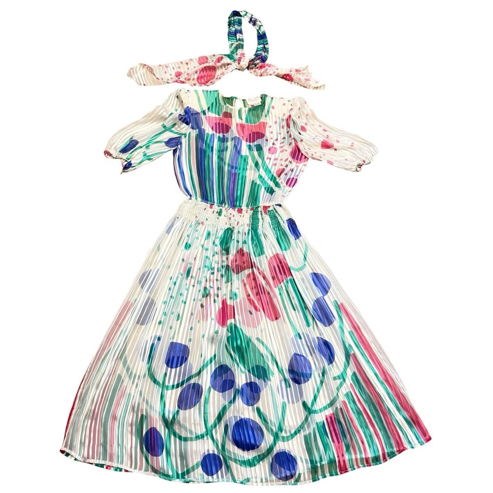 Vintage The‎ Silk Farm 100% Silk Dress Size 8 With Scarf Abstract Pleated Midi